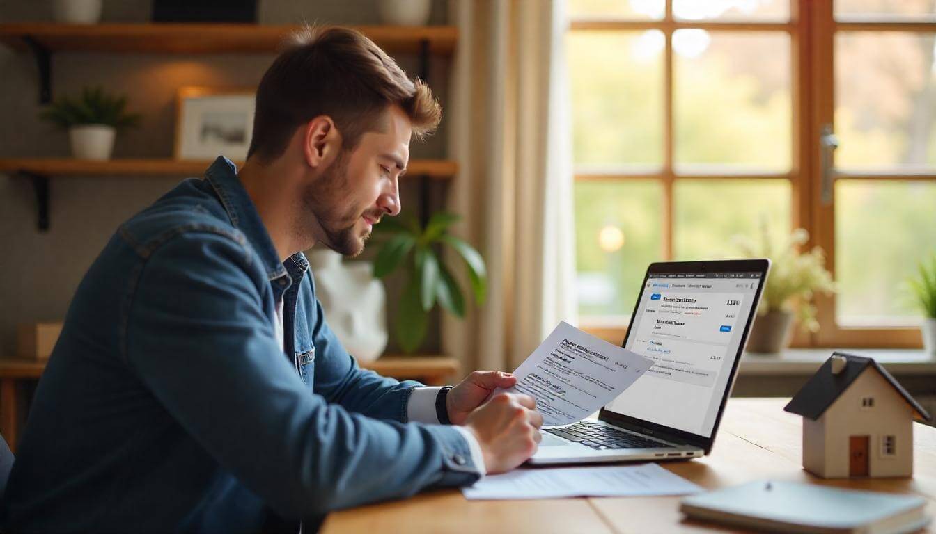Hombre revisando su historial crediticio en un portátil mientras consulta documentos, en el salón de su casa con luz natural.