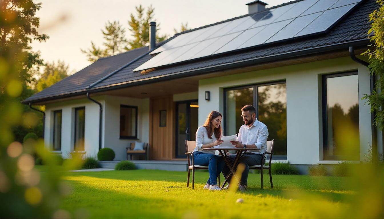 Pareja sentada en una mesa al aire libre frente a su casa, leyendo los papeles de su hipoteca verde y disfrutando de una conversación relajada en un día soleado, con paneles solares visibles en el techo.