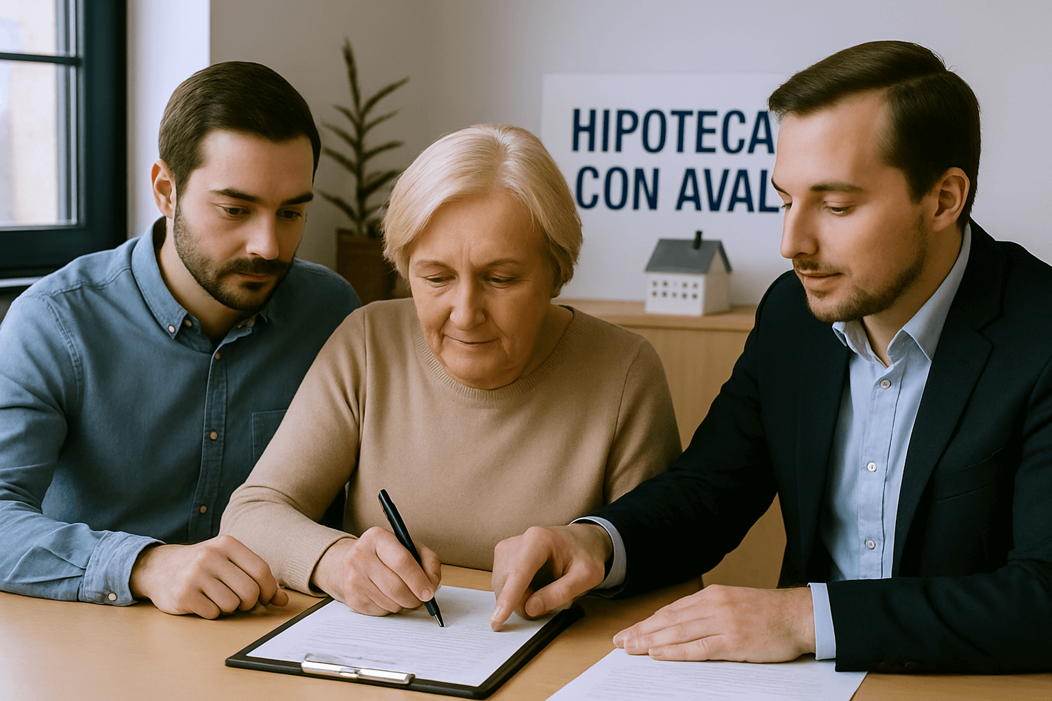 Mujer mayor firmando documentos de hipoteca acompañada por dos hombres jóvenes en una oficina bancaria.