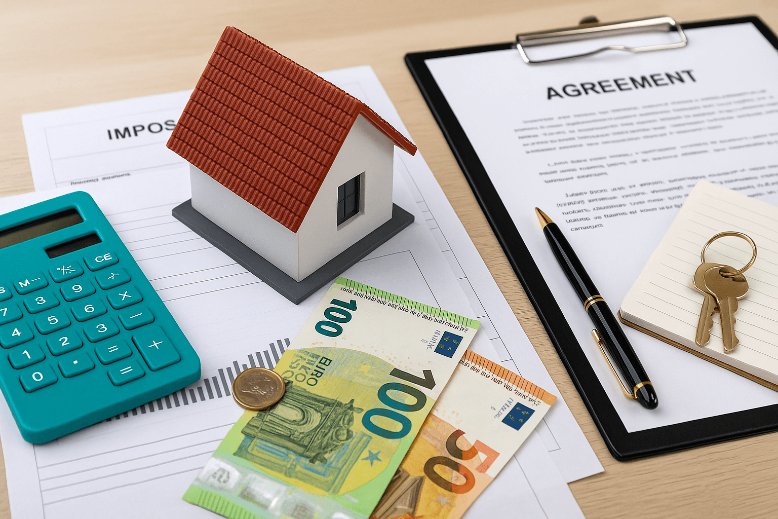 Mesa con documentos de impuestos y contrato de acuerdo, una calculadora azul, billetes y monedas en euros, un modelo de casa, llaves y un bolígrafo.